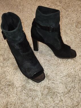 Elie Tahari Black Suede & Haircalf Peep-Toe Block Heel Ankle Boots